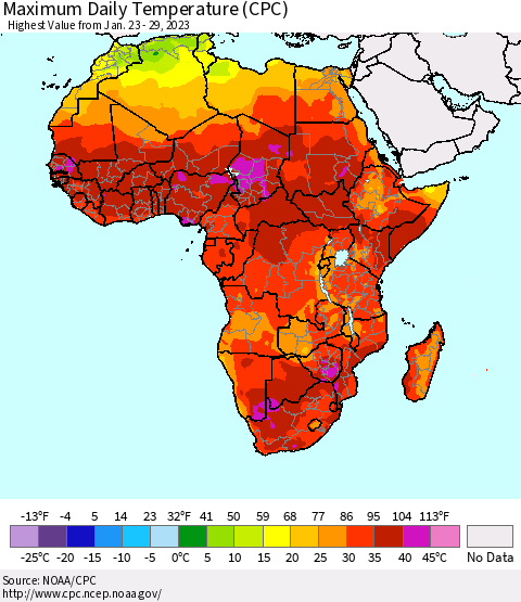 Africa Maximum Daily Temperature (CPC) Thematic Map For 1/23/2023 - 1/29/2023