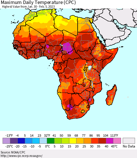 Africa Maximum Daily Temperature (CPC) Thematic Map For 1/30/2023 - 2/5/2023