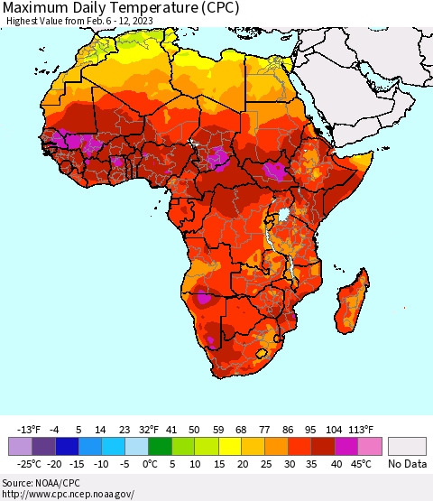 Africa Maximum Daily Temperature (CPC) Thematic Map For 2/6/2023 - 2/12/2023
