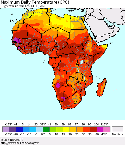 Africa Maximum Daily Temperature (CPC) Thematic Map For 2/13/2023 - 2/19/2023