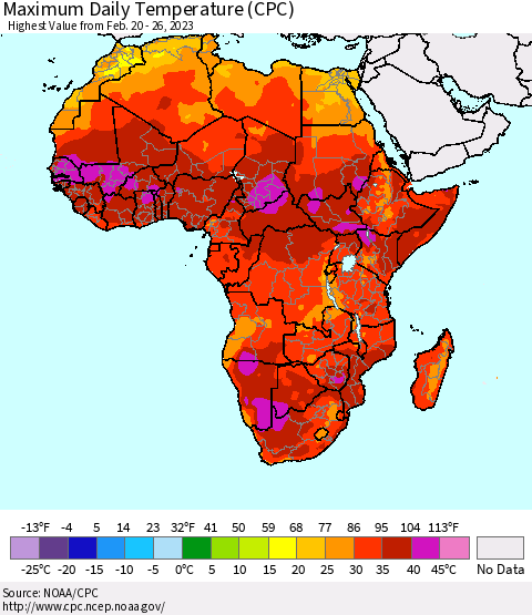 Africa Maximum Daily Temperature (CPC) Thematic Map For 2/20/2023 - 2/26/2023