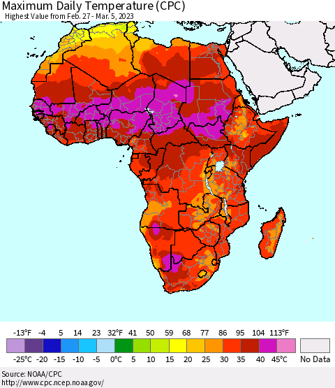 Africa Maximum Daily Temperature (CPC) Thematic Map For 2/27/2023 - 3/5/2023