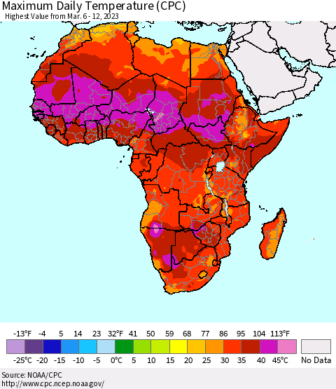 Africa Maximum Daily Temperature (CPC) Thematic Map For 3/6/2023 - 3/12/2023
