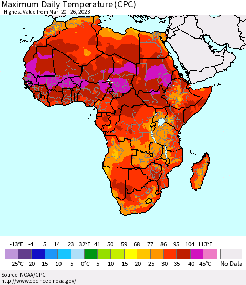 Africa Maximum Daily Temperature (CPC) Thematic Map For 3/20/2023 - 3/26/2023
