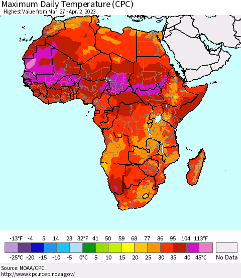 Africa Maximum Daily Temperature (CPC) Thematic Map For 3/27/2023 - 4/2/2023