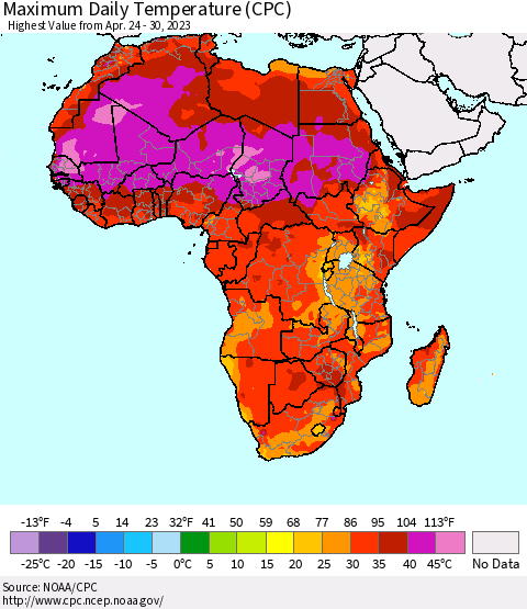 Africa Maximum Daily Temperature (CPC) Thematic Map For 4/24/2023 - 4/30/2023