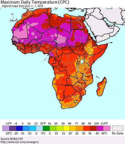 Africa Maximum Daily Temperature (CPC) Thematic Map For 5/1/2023 - 5/7/2023
