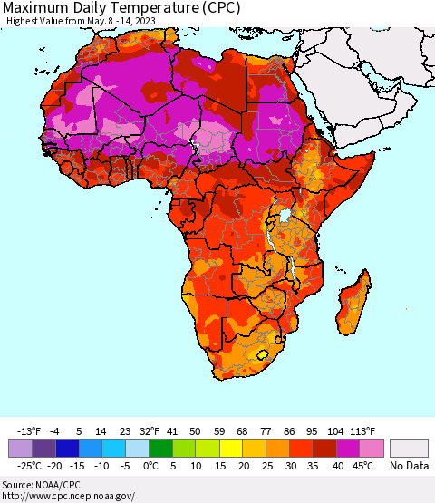 Africa Maximum Daily Temperature (CPC) Thematic Map For 5/8/2023 - 5/14/2023
