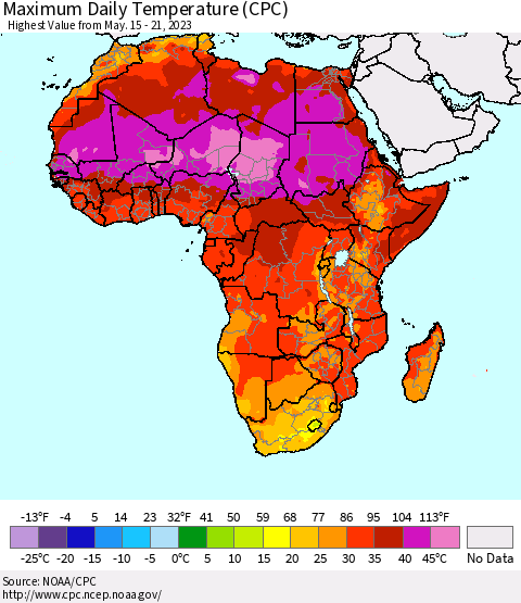 Africa Maximum Daily Temperature (CPC) Thematic Map For 5/15/2023 - 5/21/2023
