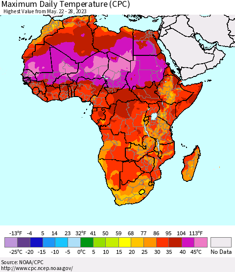 Africa Maximum Daily Temperature (CPC) Thematic Map For 5/22/2023 - 5/28/2023