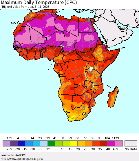 Africa Maximum Daily Temperature (CPC) Thematic Map For 6/5/2023 - 6/11/2023