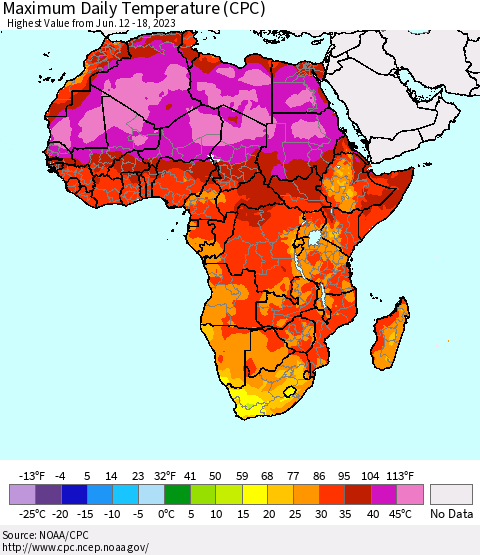 Africa Maximum Daily Temperature (CPC) Thematic Map For 6/12/2023 - 6/18/2023