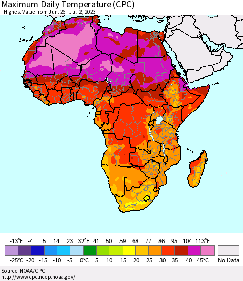 Africa Maximum Daily Temperature (CPC) Thematic Map For 6/26/2023 - 7/2/2023