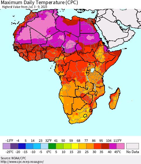 Africa Maximum Daily Temperature (CPC) Thematic Map For 7/3/2023 - 7/9/2023