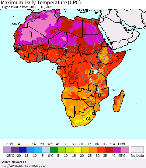 Africa Maximum Daily Temperature (CPC) Thematic Map For 7/10/2023 - 7/16/2023