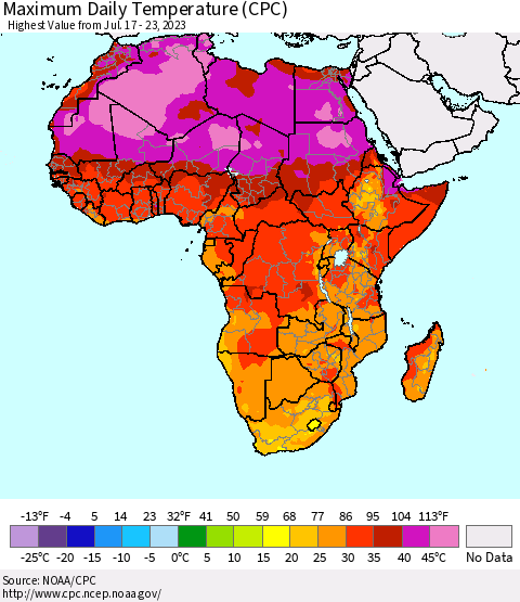 Africa Maximum Daily Temperature (CPC) Thematic Map For 7/17/2023 - 7/23/2023