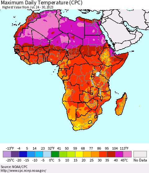 Africa Maximum Daily Temperature (CPC) Thematic Map For 7/24/2023 - 7/30/2023