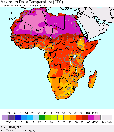 Africa Maximum Daily Temperature (CPC) Thematic Map For 7/31/2023 - 8/6/2023