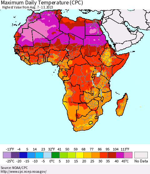 Africa Maximum Daily Temperature (CPC) Thematic Map For 8/7/2023 - 8/13/2023