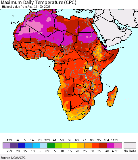 Africa Maximum Daily Temperature (CPC) Thematic Map For 8/14/2023 - 8/20/2023