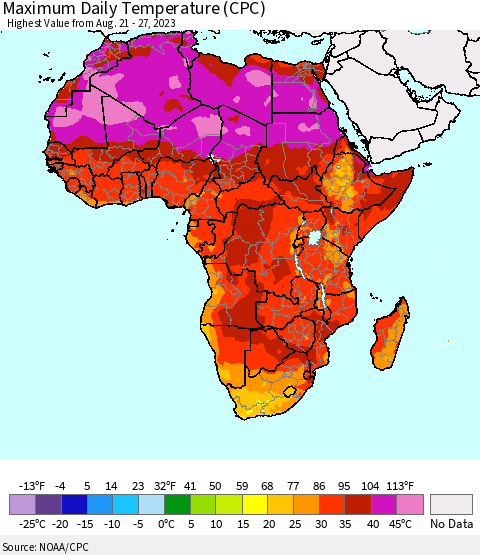 Africa Maximum Daily Temperature (CPC) Thematic Map For 8/21/2023 - 8/27/2023