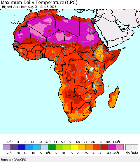 Africa Maximum Daily Temperature (CPC) Thematic Map For 8/28/2023 - 9/3/2023