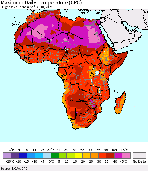 Africa Maximum Daily Temperature (CPC) Thematic Map For 9/4/2023 - 9/10/2023