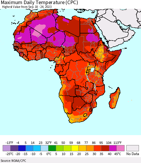Africa Maximum Daily Temperature (CPC) Thematic Map For 9/18/2023 - 9/24/2023
