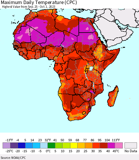Africa Maximum Daily Temperature (CPC) Thematic Map For 9/25/2023 - 10/1/2023