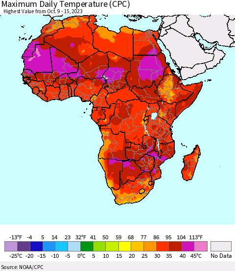 Africa Maximum Daily Temperature (CPC) Thematic Map For 10/9/2023 - 10/15/2023