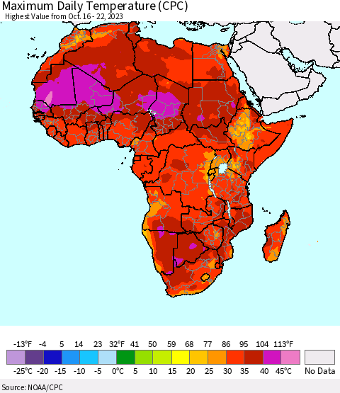Africa Maximum Daily Temperature (CPC) Thematic Map For 10/16/2023 - 10/22/2023