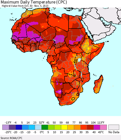 Africa Maximum Daily Temperature (CPC) Thematic Map For 10/30/2023 - 11/5/2023