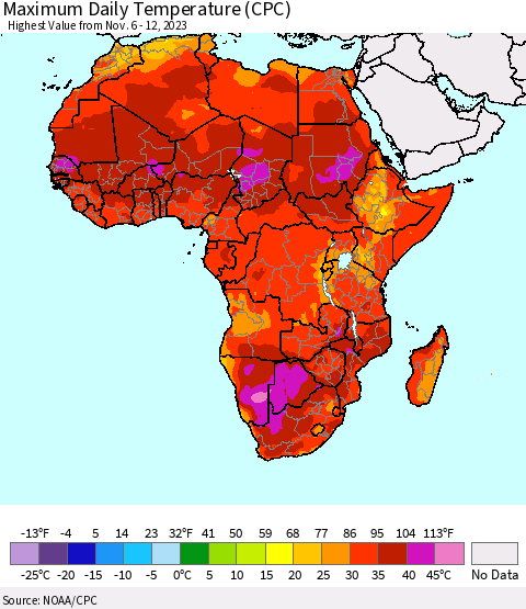 Africa Maximum Daily Temperature (CPC) Thematic Map For 11/6/2023 - 11/12/2023