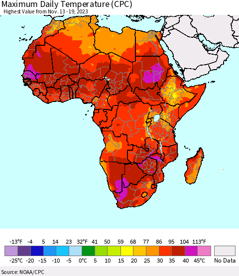 Africa Maximum Daily Temperature (CPC) Thematic Map For 11/13/2023 - 11/19/2023