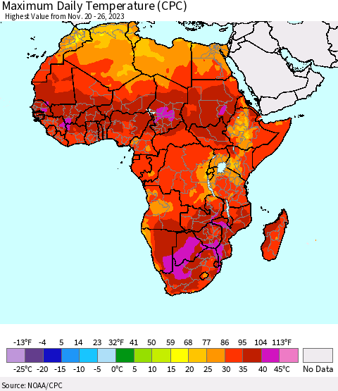 Africa Maximum Daily Temperature (CPC) Thematic Map For 11/20/2023 - 11/26/2023
