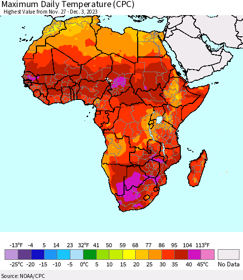 Africa Maximum Daily Temperature (CPC) Thematic Map For 11/27/2023 - 12/3/2023