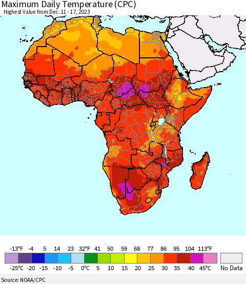 Africa Maximum Daily Temperature (CPC) Thematic Map For 12/11/2023 - 12/17/2023