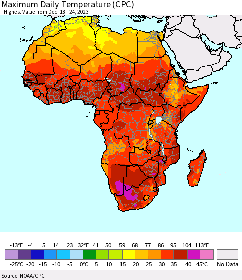 Africa Maximum Daily Temperature (CPC) Thematic Map For 12/18/2023 - 12/24/2023