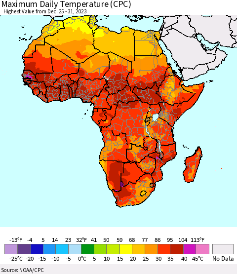 Africa Maximum Daily Temperature (CPC) Thematic Map For 12/25/2023 - 12/31/2023