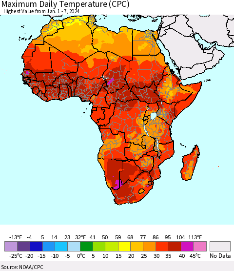 Africa Maximum Daily Temperature (CPC) Thematic Map For 1/1/2024 - 1/7/2024