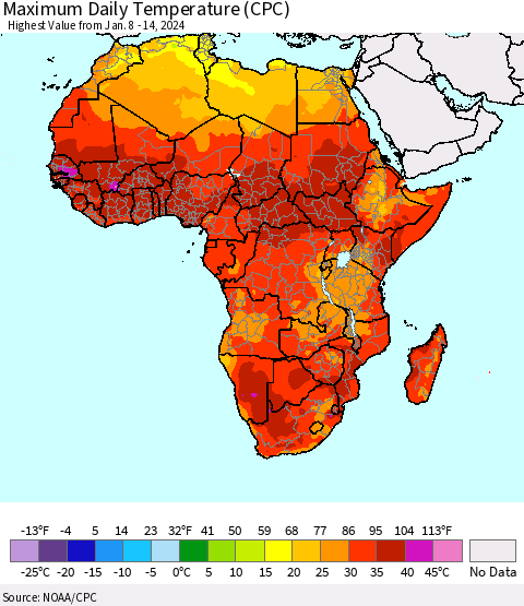 Africa Maximum Daily Temperature (CPC) Thematic Map For 1/8/2024 - 1/14/2024