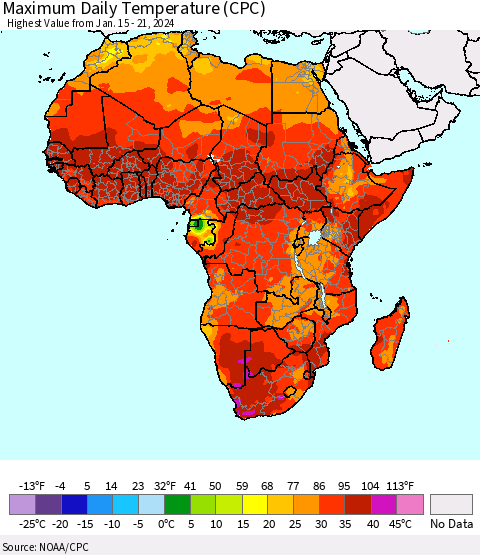 Africa Maximum Daily Temperature (CPC) Thematic Map For 1/15/2024 - 1/21/2024