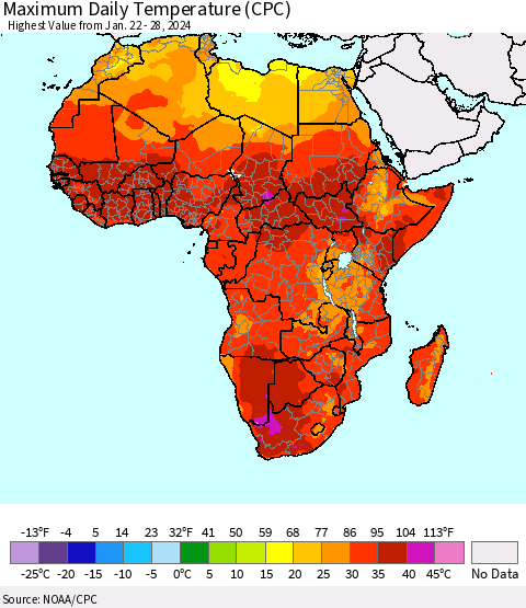 Africa Maximum Daily Temperature (CPC) Thematic Map For 1/22/2024 - 1/28/2024