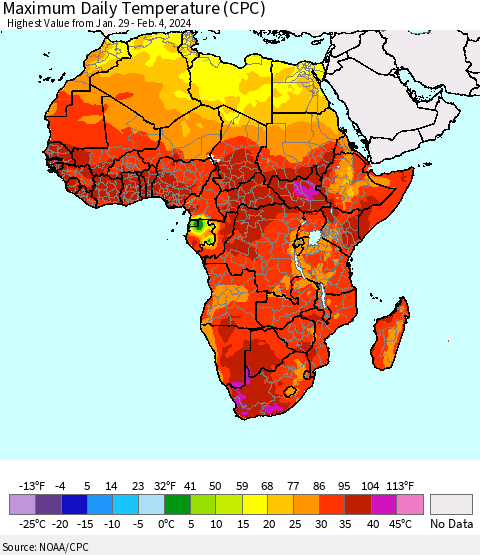 Africa Maximum Daily Temperature (CPC) Thematic Map For 1/29/2024 - 2/4/2024