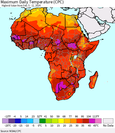 Africa Maximum Daily Temperature (CPC) Thematic Map For 2/5/2024 - 2/11/2024