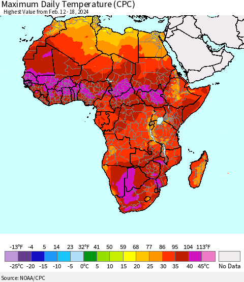 Africa Maximum Daily Temperature (CPC) Thematic Map For 2/12/2024 - 2/18/2024