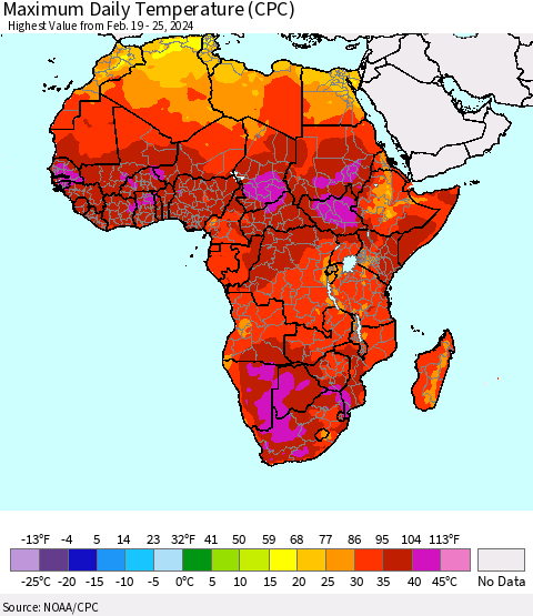 Africa Maximum Daily Temperature (CPC) Thematic Map For 2/19/2024 - 2/25/2024