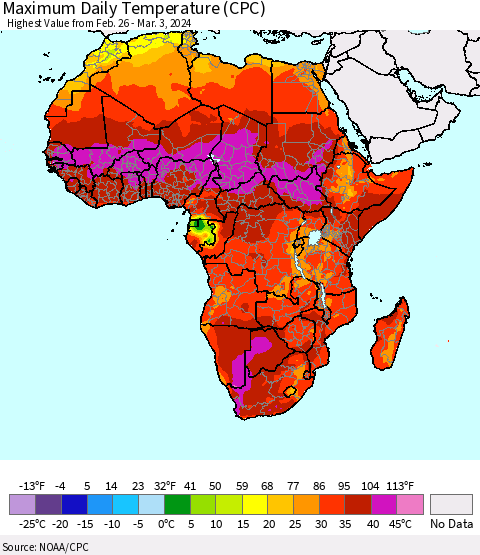 Africa Maximum Daily Temperature (CPC) Thematic Map For 2/26/2024 - 3/3/2024