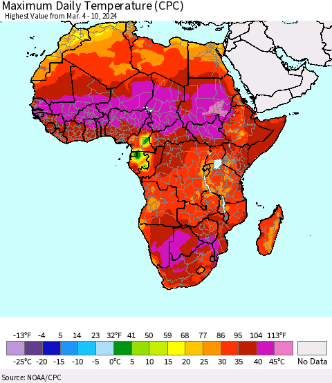 Africa Maximum Daily Temperature (CPC) Thematic Map For 3/4/2024 - 3/10/2024