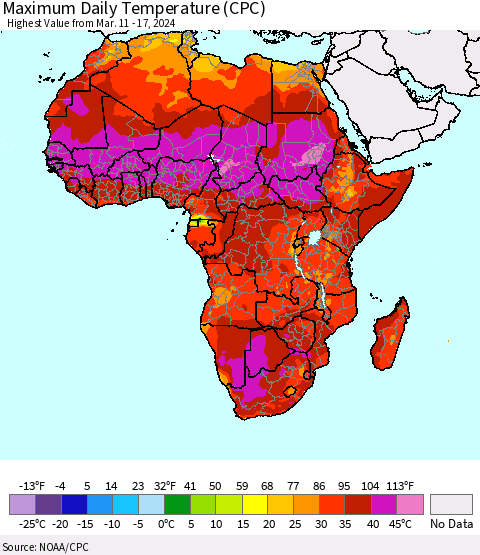Africa Maximum Daily Temperature (CPC) Thematic Map For 3/11/2024 - 3/17/2024
